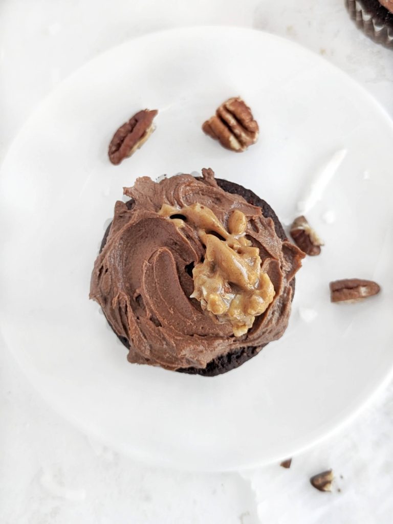 Magnificent German Chocolate Protein Cupcakes stuffed with a coconut pecan mix. Easy german chocolate cupcakes with filling are low fat, low sugar and healthy!