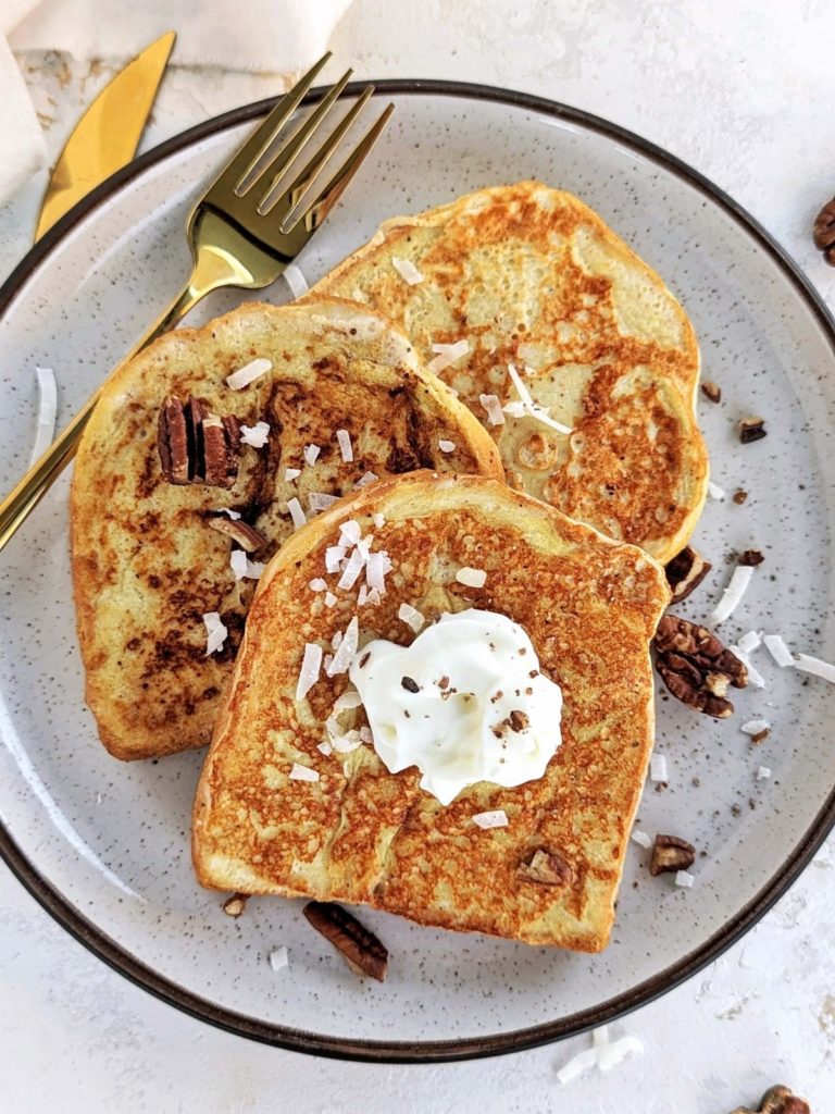 Healthy Eggnog French Toast is perfect for your Christmas breakfast special. High protein Eggnog French Toast made with protein powder and egg white instead of sugar and eggs!