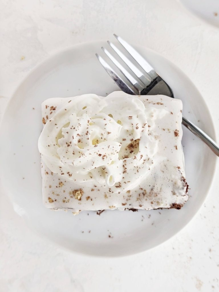 Super good Mocha Latte Cake with a rich coffee-chocolate flavored cake and cool whip topping, but all sugar free! Healthy chocolate latte cake uses protein powder and monkfruit for sweetener and will leave you wanting more.