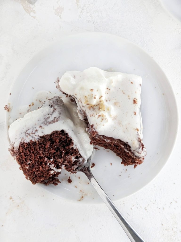 Super good Mocha Latte Cake with a rich coffee-chocolate flavored cake and cool whip topping, but all sugar free! Healthy chocolate latte cake uses protein powder and monkfruit for sweetener and will leave you wanting more.