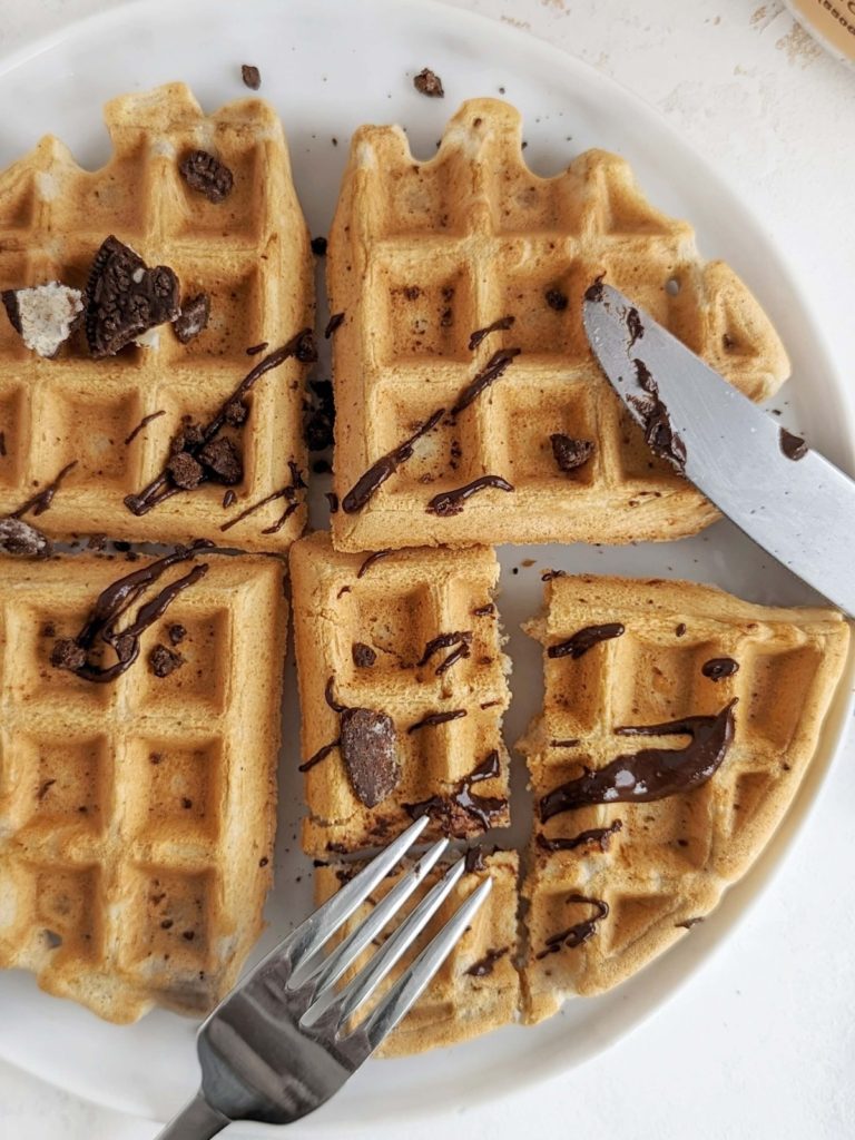 Super easy Protein Waffles without Protein Powder, made with protein pancake mix and egg white. Pancake mix protein waffles are light, fluffy and crispy - perfect for a post workout breakfast.