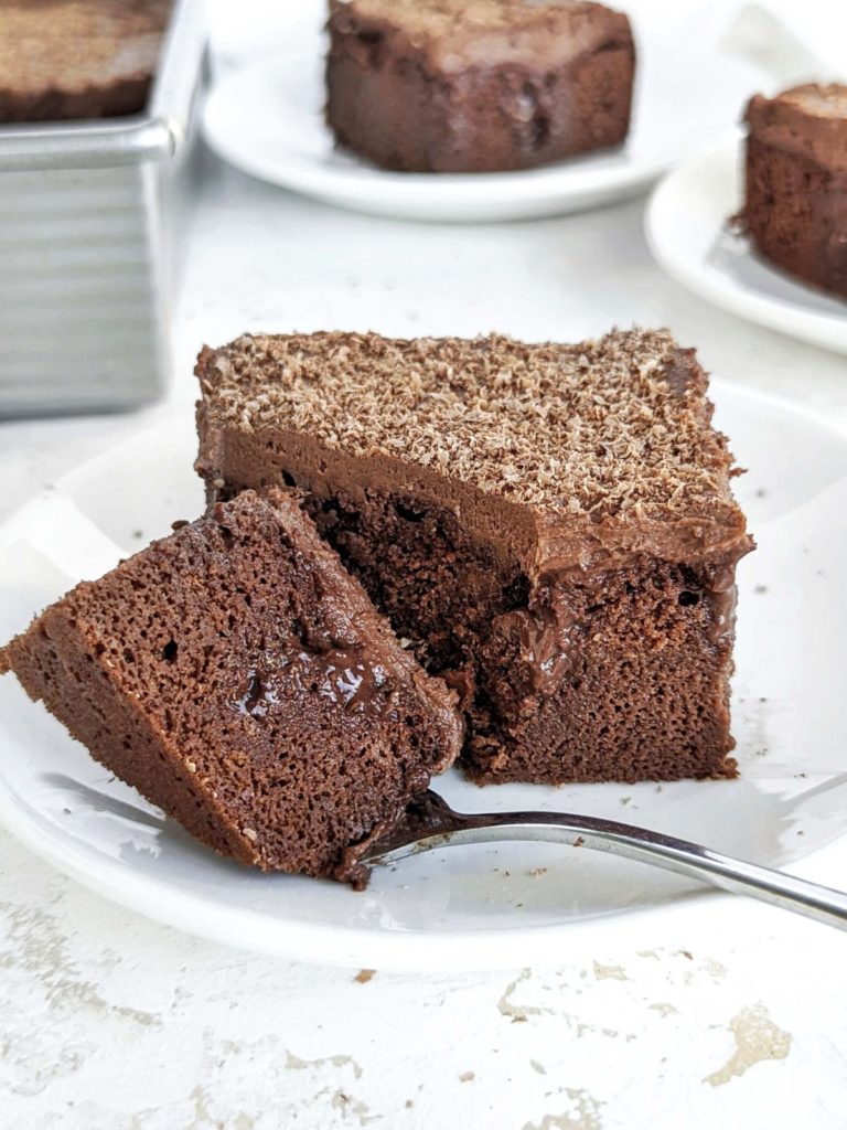 The ultimate Chocolate Protein Poke Cake with a high protein cake, filing and frosting! Healthy chocolate poke cake is low sugar, low fat and a triple threat with the protein powder in there.