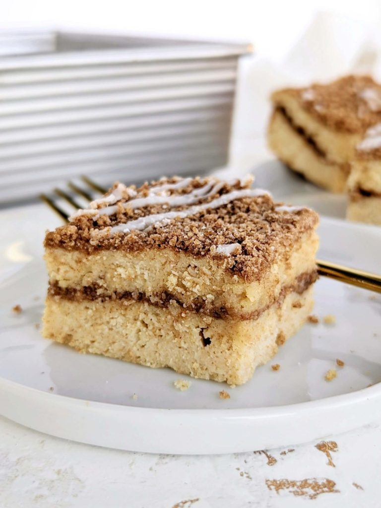 Super easy Coffee Cake with Protein Pancake Mix with the perfect cinnamon streusel, made in just one bowl! Healthy protein pancake mix coffee cake is low fat sugar-free too with protein powder and zero-calorie monkfruit sweetener.