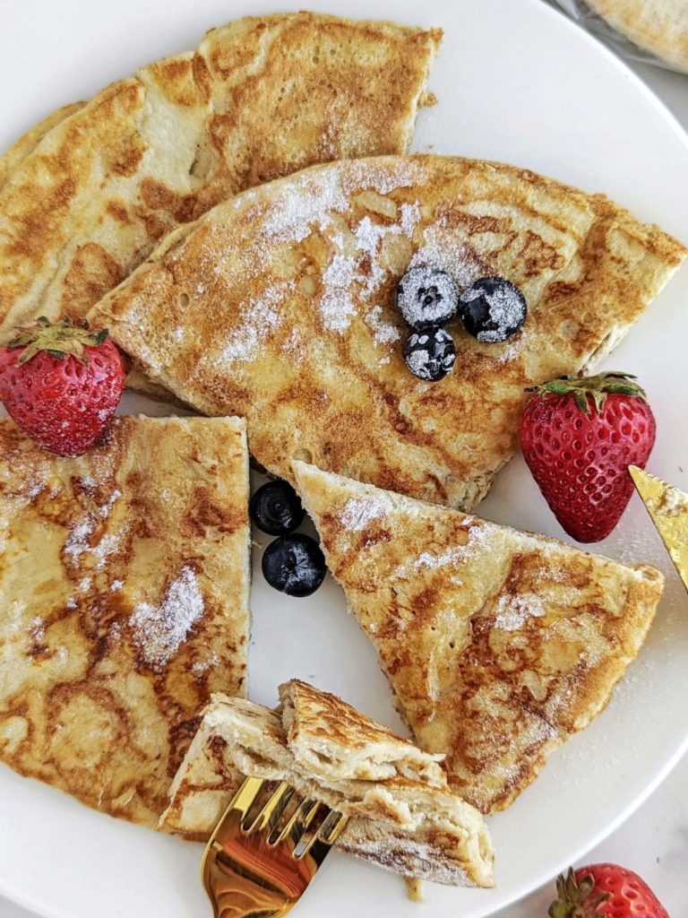 Literally the Best Pita Bread French Toast recipe made with protein powder instead of sugar, and egg whites too. Healthy pita french toast is low fat, low sugar and satisfies all cravings!