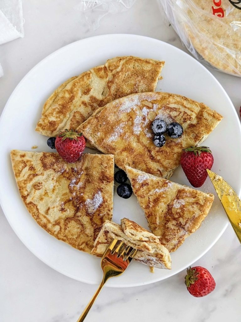 Literally the Best Pita Bread French Toast recipe made with protein powder instead of sugar, and egg whites too. Healthy pita french toast is low fat, low sugar and satisfies all cravings!