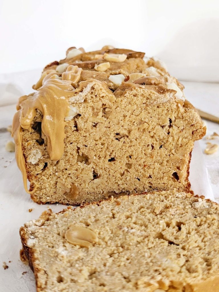 Loaded Protein Peanut Butter Bread with white chocolate chips, pretzels and roasted peanuts to satisfy your cravings. Healthy peanut butter loaf uses flavored peanut butter and PB powder and is sweetened with protein powder!