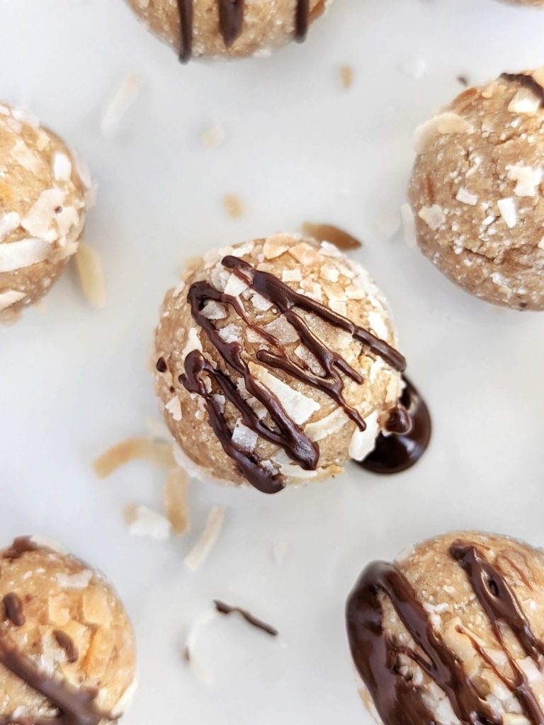 Samoa Protein Balls for a healthy snack to satisfy cravings of Girl Scouts Samoa Cookies. Samoa cookie protein bites are gluten free, low carb, low sugar and low fat too!