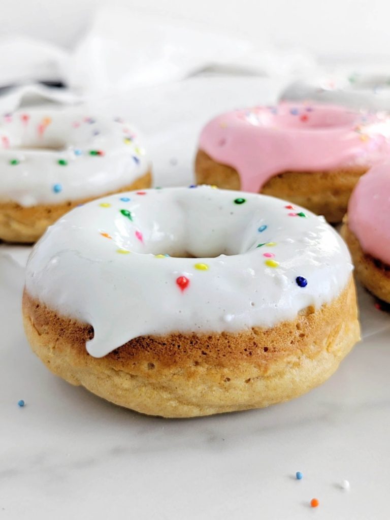 Easy Vanilla Protein Donuts with the highest protein you will find! Vanilla protein powder donuts are healthy with only 83 calories each, low sugar and low fat.