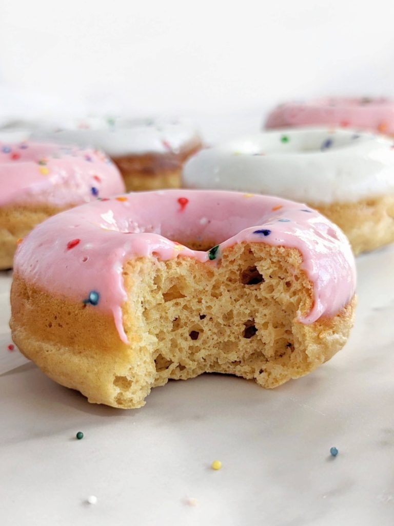 Easy Vanilla Protein Donuts with the highest protein you will find! Vanilla protein powder donuts are healthy with only 83 calories each, low sugar and low fat.