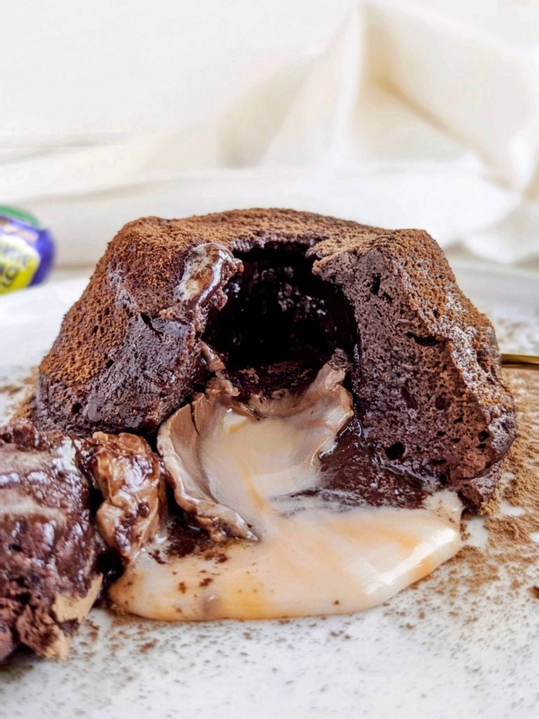 Healthy Creme Egg Protein Lava Cake made in the microwave in under 2 minutes! Quick Easter dessert with protein powder and Greek yogurt instead of sugar and butter for an indulgent but low-guilt treat.