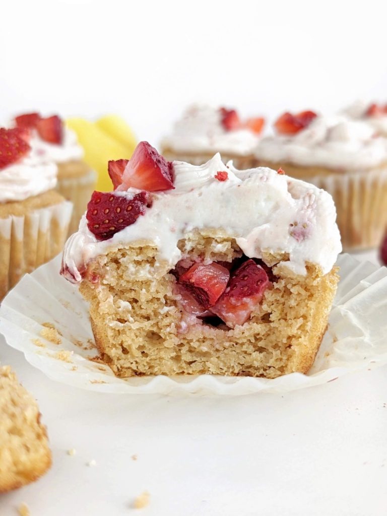 Strawberry Lemon Protein Cupcakes with a strawberry filling and strawberry lemon protein frosting! Healthy, low fat strawberry lemonade cupcakes with protein powder and no added sugar.