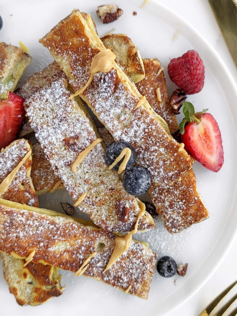 Peanut Butter Protein French Toast Sticks are a delicious and healthy breakfast everyone will love. Made with whole wheat bread and protein powder, pb French Toast sticks are a high fiber, lower calorie and low sugar option.