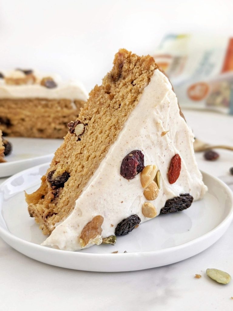 Trail Mix Protein Cake is a perfect hike snack or dessert packed with protein and healthy fats, and low in sugar. Easy and healthy cake recipe sweetened with protein powder and no sugar added!