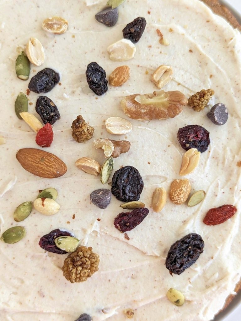 Trail Mix Protein Cake is a perfect hike snack or dessert packed with protein and healthy fats, and low in sugar. Easy and healthy cake recipe sweetened with protein powder and no sugar added!