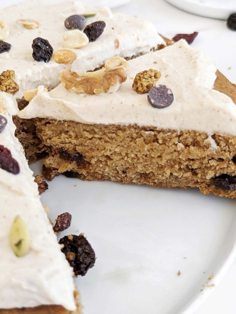 Trail Mix Protein Cake is a perfect hike snack or dessert packed with protein and healthy fats, and low in sugar. Easy and healthy cake recipe sweetened with protein powder and no sugar added!