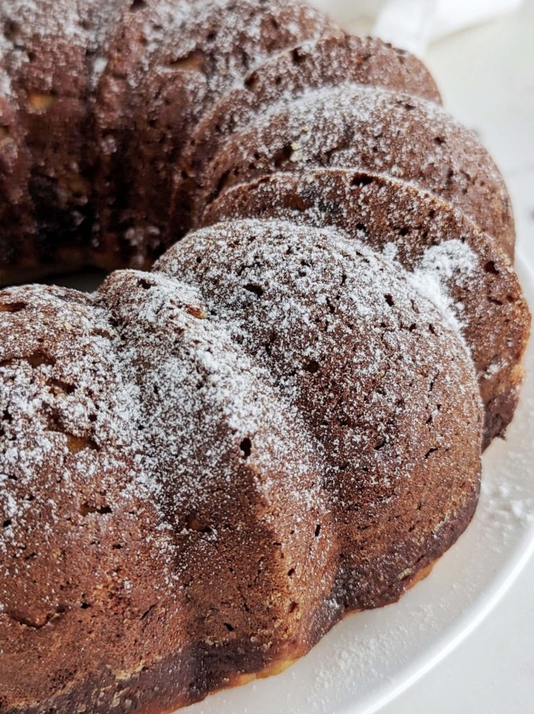 Chocolate Chip Protein Bundt Cake is the best healthy recipe ever - with protein powder, no sugar, low fat and sugar free chocolate chips too! Easy and delicious.