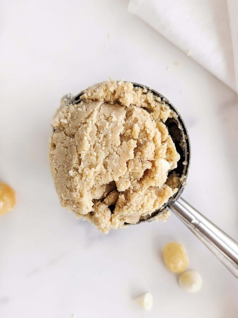 White Chocolate Macadamia Protein Cookie Dough is hard to beat - a quick, easy and healthy no-bake recipe that’s gluten free and sugar free!