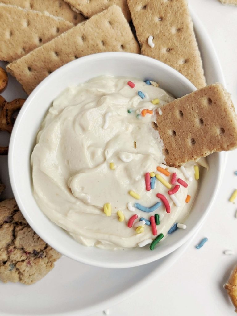 Lip-smacking delicious Protein Cake Batter Dip with just 2 ingredients. This low fat, low sugar high protein funfetti dip is perfect for a birthday or any celebration!