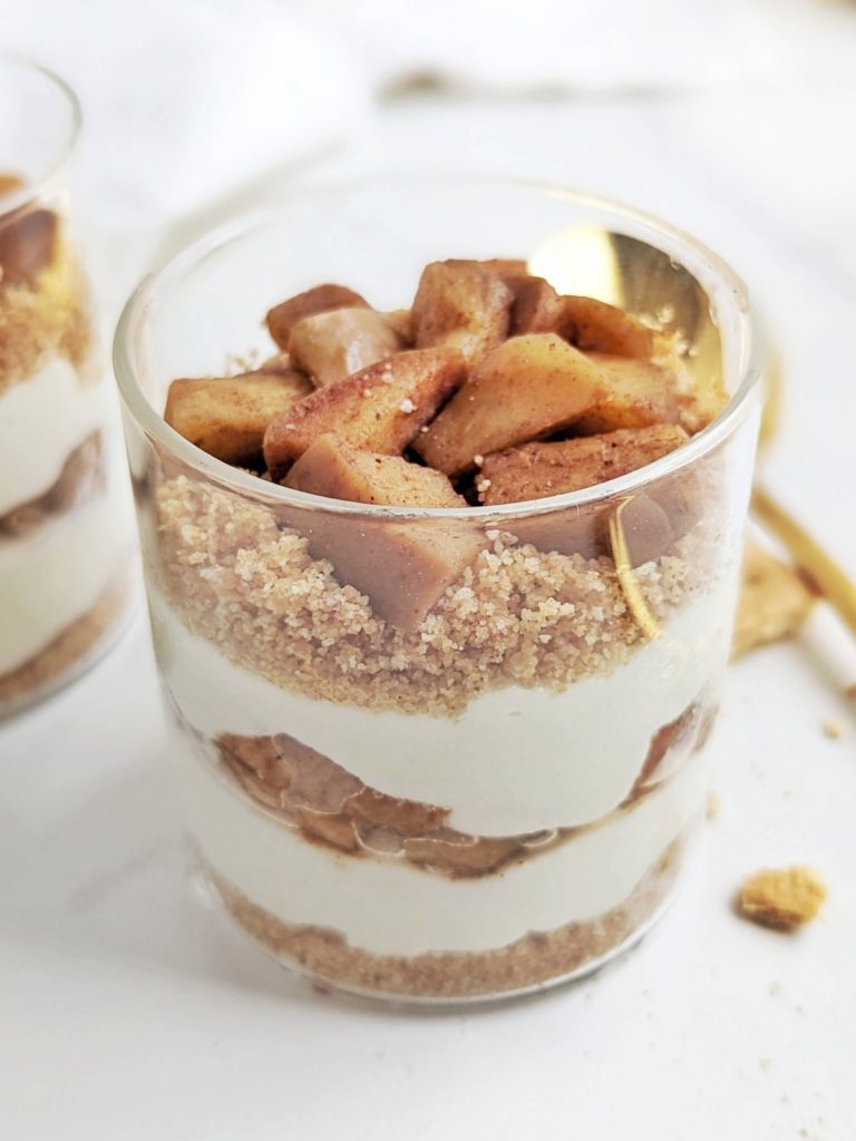 Layered Apple Pie Protein Jar is perfect for a healthy Thanksgiving party. Low fat, low sugar graham base, high protein yogurt mix and cinnamon sugar apples!