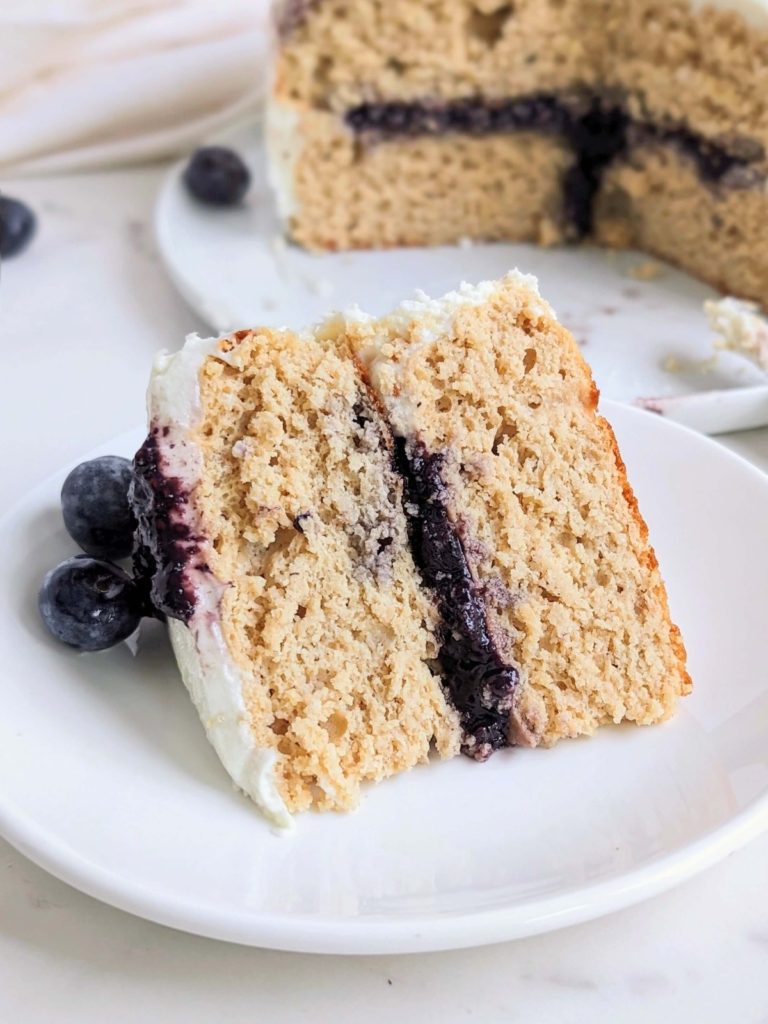 Soft and delicious Blueberry Jam Protein Cake recipe will have you hooked! A healthy blueberry jam layer cake recipe that’s high protein, low fat and sugar free too!