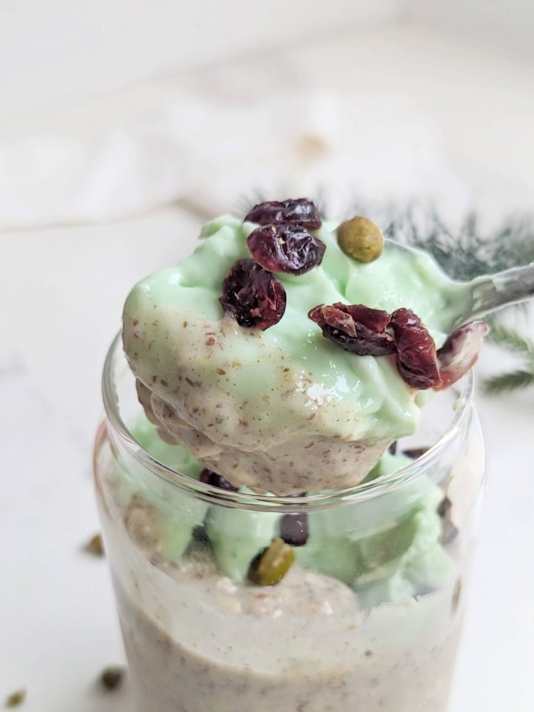 Perfect Pistachio Protein Overnight Oats with a creamy protein oatmeal, protein pistachio pudding and chopped pistachios! An easy, healthy and hearty pistachio oat recipe.