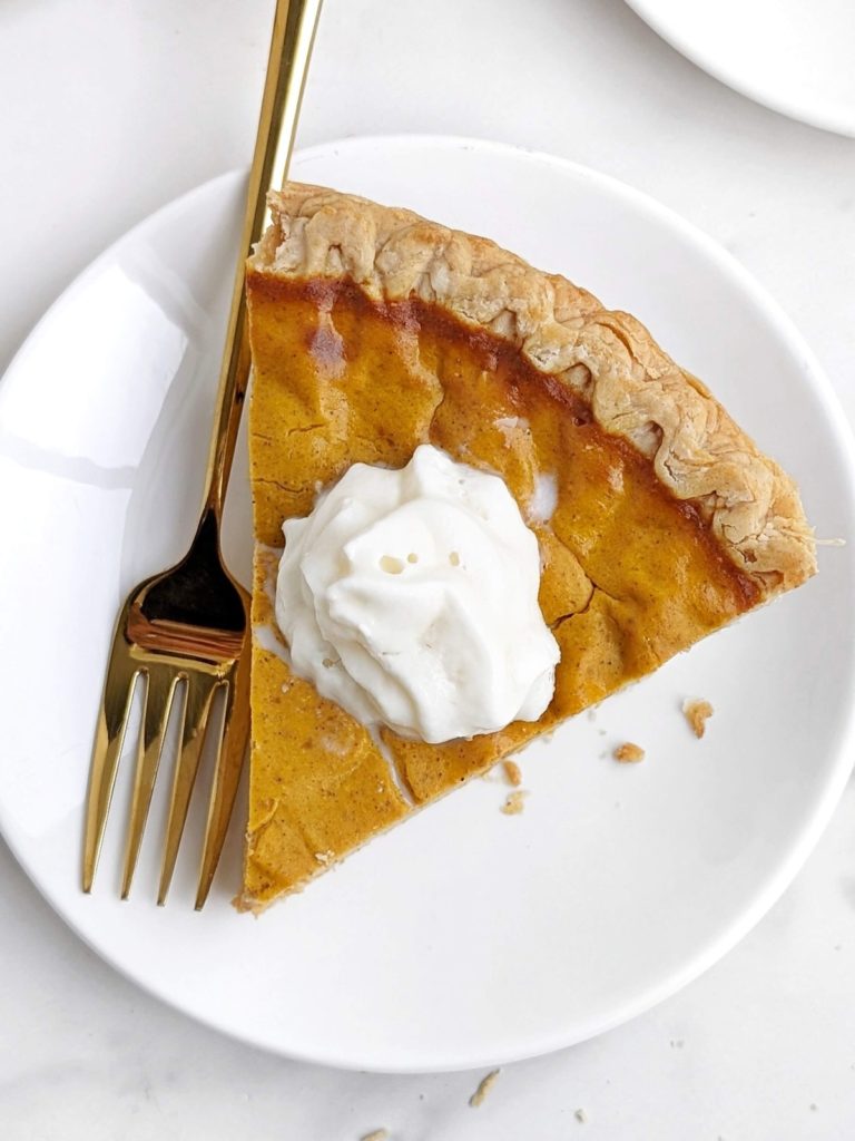 Protein Pumpkin Pie is soft and creamy but healthy! Made using protein powder - no sugar or condensed milk - it’s perfect to celebrate Thanksgiving party with health goals in check.