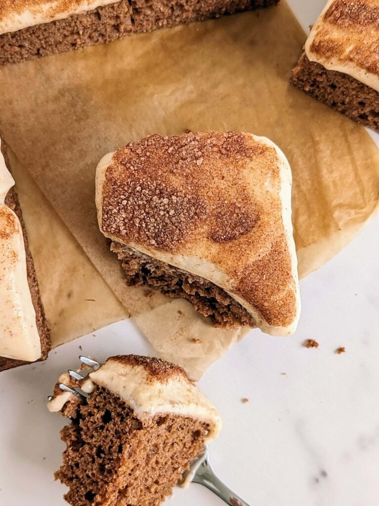 Soft and fluffy Snickerdoodle Protein Cake with a protein protein frosting and sugar-free cinnamon sugar topping - a major cookie upgrade. This protein powder snickerdoodle cake is a healthy, low fat and low calorie recipe perfect for breakfast, snack, dessert or post workout!