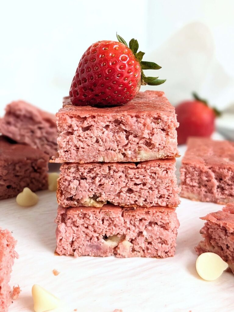 Mind blowing Healthy Strawberry Brownies made with fresh strawberries and protein powder - no cake mix or sugar needed! Protein strawberry brownies are low calorie, low fat, low carb, keto and added sugar free.