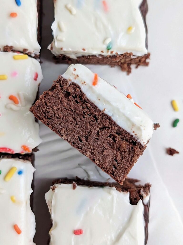 Best ever Birthday Cake Protein Brownies make every day a celebration! Healthy birthday cake brownies is a protein brownie with a low sugar, high protein birthday cake frosting!