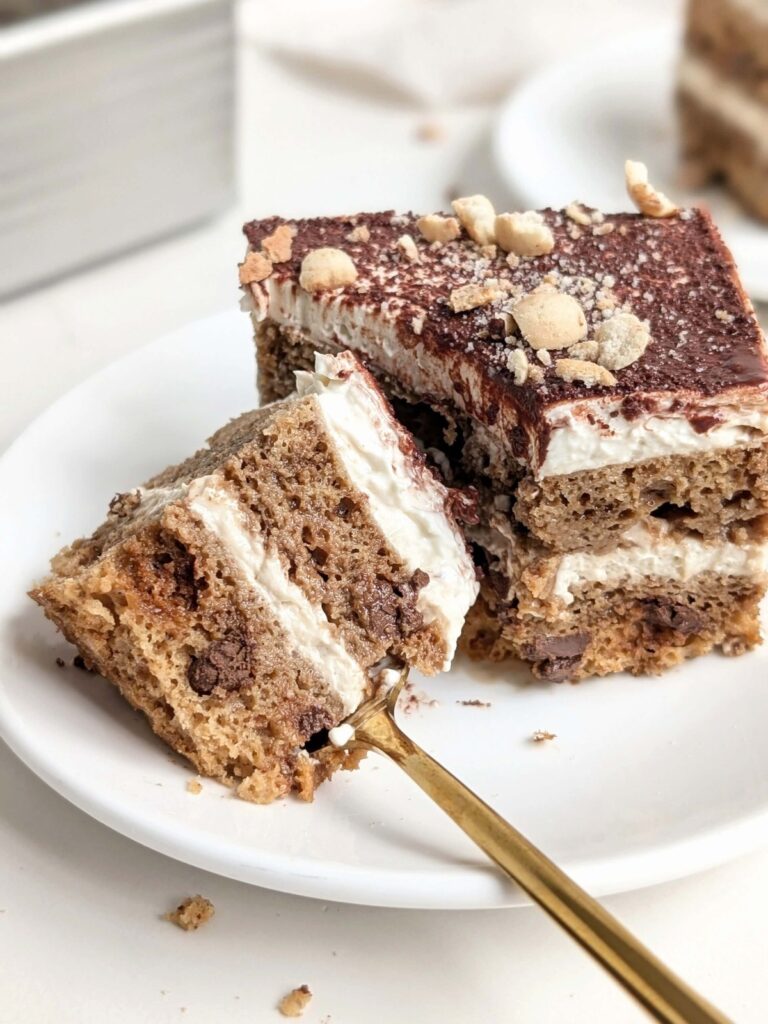 Unbelievably good Chocolate Chip Cookie Tiramisu with layers of high protein cookie base and protein cream! An easy, healthy, low fat, low calorie, high protein and sugar free cookie tiramisu!