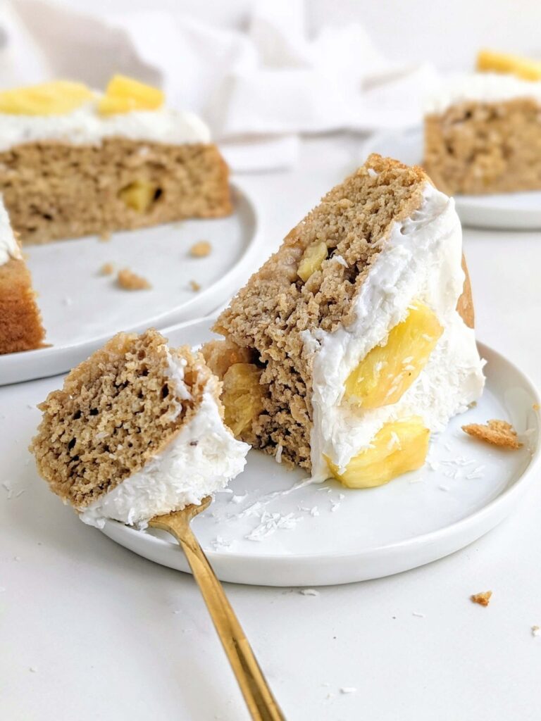 Amazingly Healthy and Easy Coconut Pineapple Cake - a high protein pineapple cake and a protein coconut frosting! A delicious high protein, low fat, low calorie and low sugar Pina Colada cake recipe!