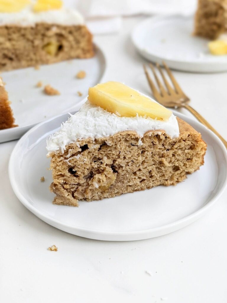 Amazingly Healthy and Easy Coconut Pineapple Cake - a high protein pineapple cake and a protein coconut frosting! A delicious high protein, low fat, low calorie and low sugar Pina Colada cake recipe!