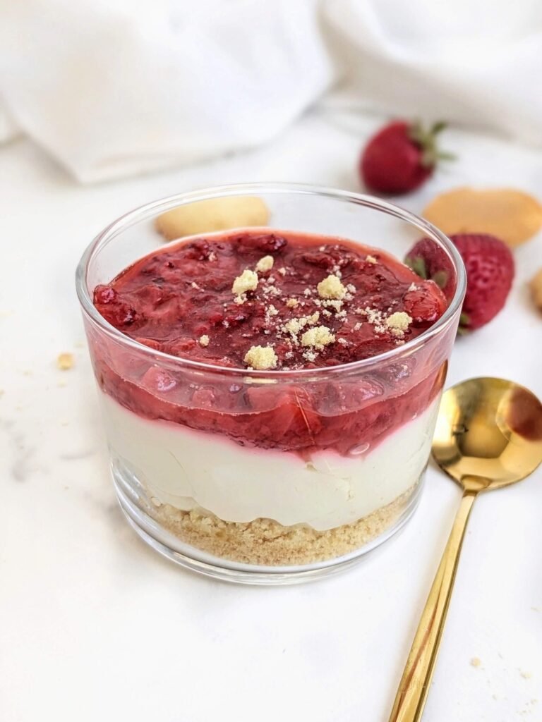 This No Bake Protein Cheesecake Jar is the perfect summer dessert! It's an easy, healthy high protein treat that's also low calorie, low sugar and packed with flavor.