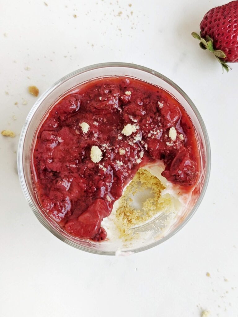 This No Bake Protein Cheesecake Jar is the perfect summer dessert! It's an easy, healthy high protein treat that's also low calorie, low sugar and packed with flavor.