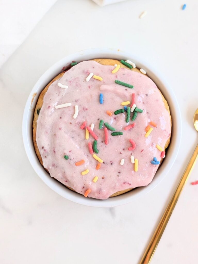 Celebrate your birthday in style with a guilt-free Single Serve Protein Birthday Cake! Funfetti Mug Cake is low sugar, low fat and has 52g protein!