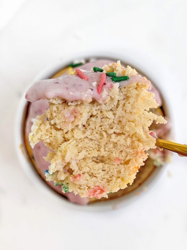 Celebrate your birthday in style with a guilt-free Single Serve Protein Birthday Cake! Funfetti Mug Cake is low sugar, low fat and has 52g protein!