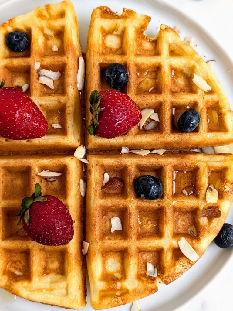 Cottage Cheese Protein Waffles are the perfect lower-carb, low fat, low sugar start to your day! A real quick, easy, healthy breakfast waffle with protein from cottage cheese and protein powder too.