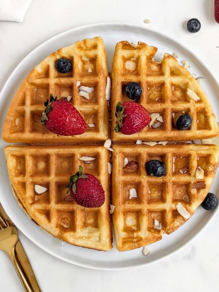 Cottage Cheese Protein Waffles are the perfect lower-carb, low fat, low sugar start to your day! A real quick, easy, healthy breakfast waffle with protein from cottage cheese and protein powder too.