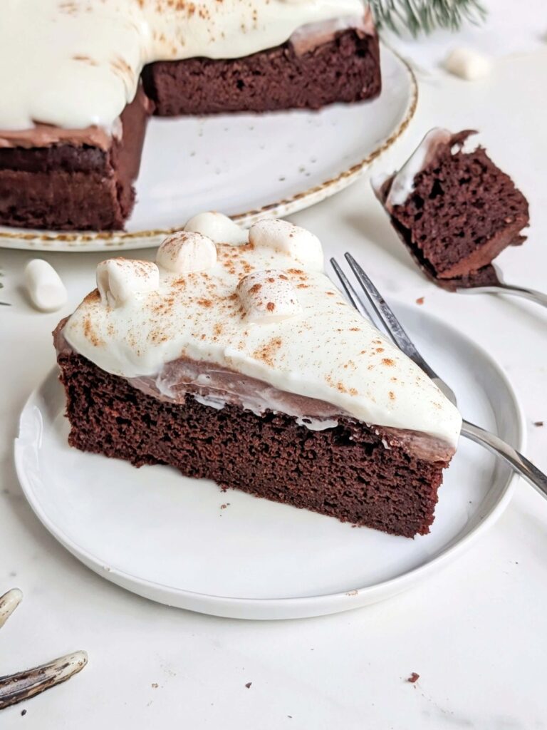 Ultimate hot cocoa vibes in this Chocolate Marshmallow Protein Cake, but healthy! Chocolate cake with a chocolate frosting and marshmallow topping is low sugar, low fat, low calorie and high protein and is like eating a slice of hot chocolate!