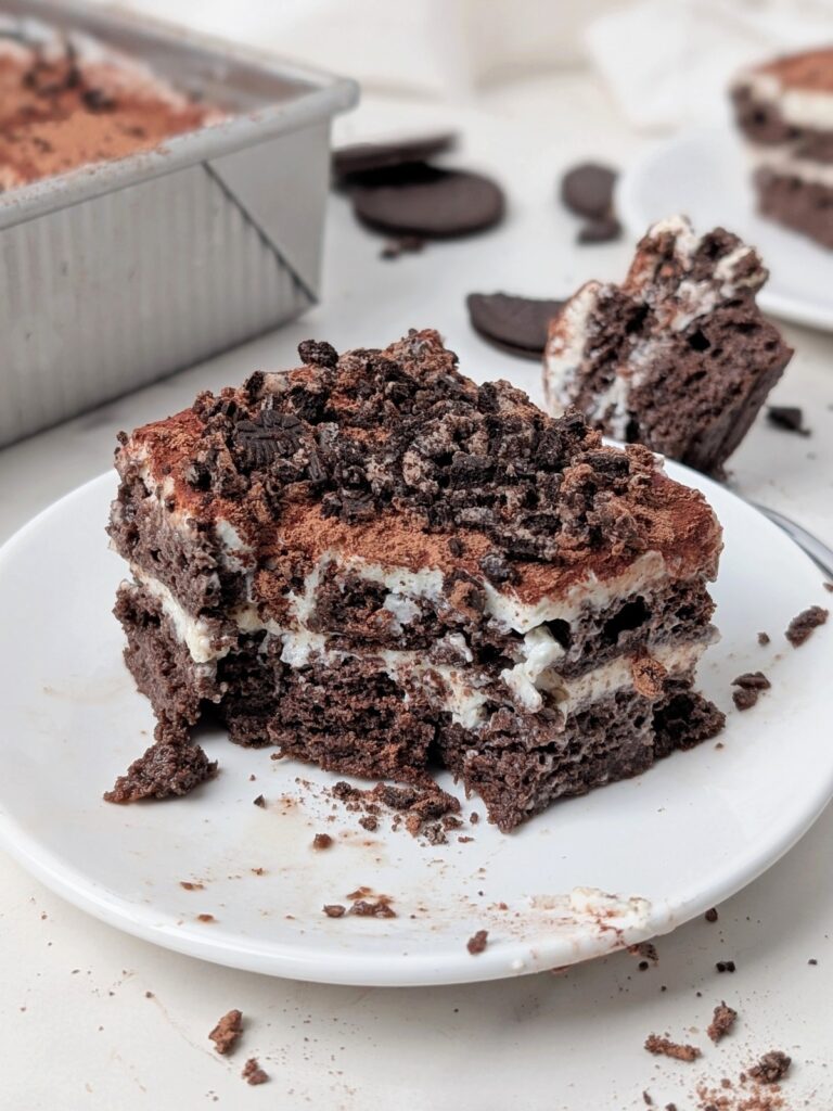 Guilt-free Healthy Oreo Tiramisu recipe is the answer to all your cravings; Layers of a high protein, gluten free, low sugar, low fat and low calorie Oreo Cake and Cream topped with cocoa and Oreo Thins!