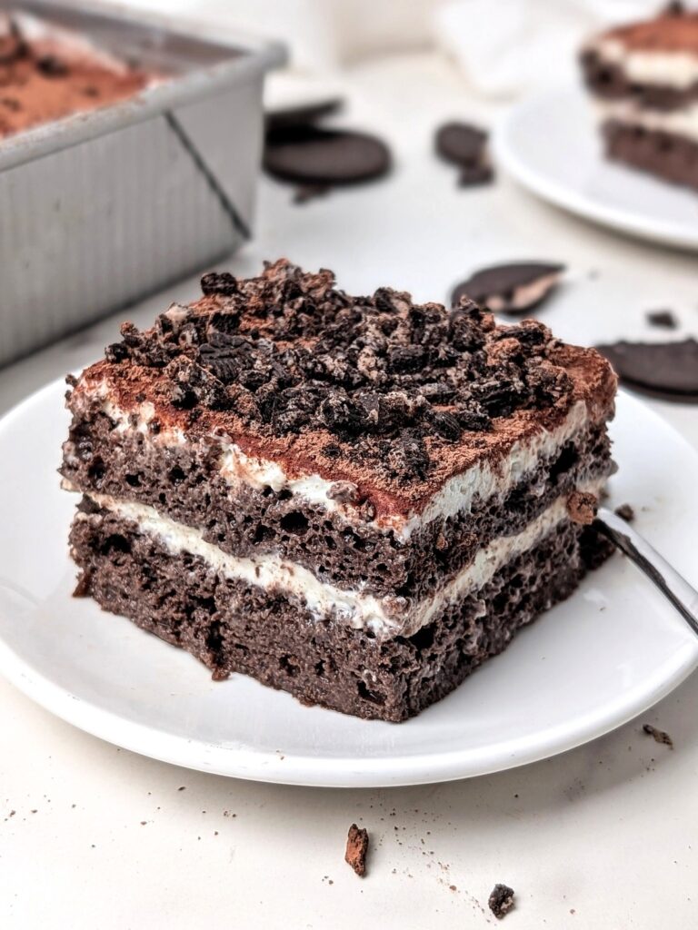 Guilt-free Healthy Oreo Tiramisu recipe is the answer to all your cravings; Layers of a high protein, gluten free, low sugar, low fat and low calorie Oreo Cake and Cream topped with cocoa and Oreo Thins!