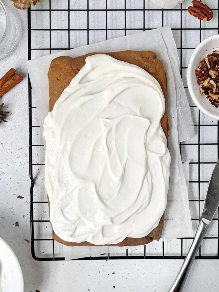 The perfect healthy High Protein Gingerbread Cake topped with a Protein Powder Greek Yogurt Frosting; A sugar free gingerbread cake recipe made with whole wheat flour, unflavored protein powder and no oil. A great healthy ginger dessert for snacking too.