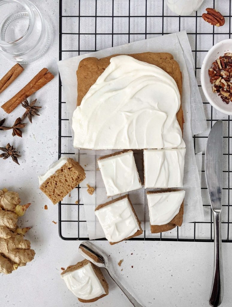 The perfect healthy High Protein Gingerbread Cake topped with a Protein Powder Greek Yogurt Frosting; A sugar free gingerbread cake recipe made with whole wheat flour, unflavored protein powder and no oil. A great healthy ginger dessert for snacking too.