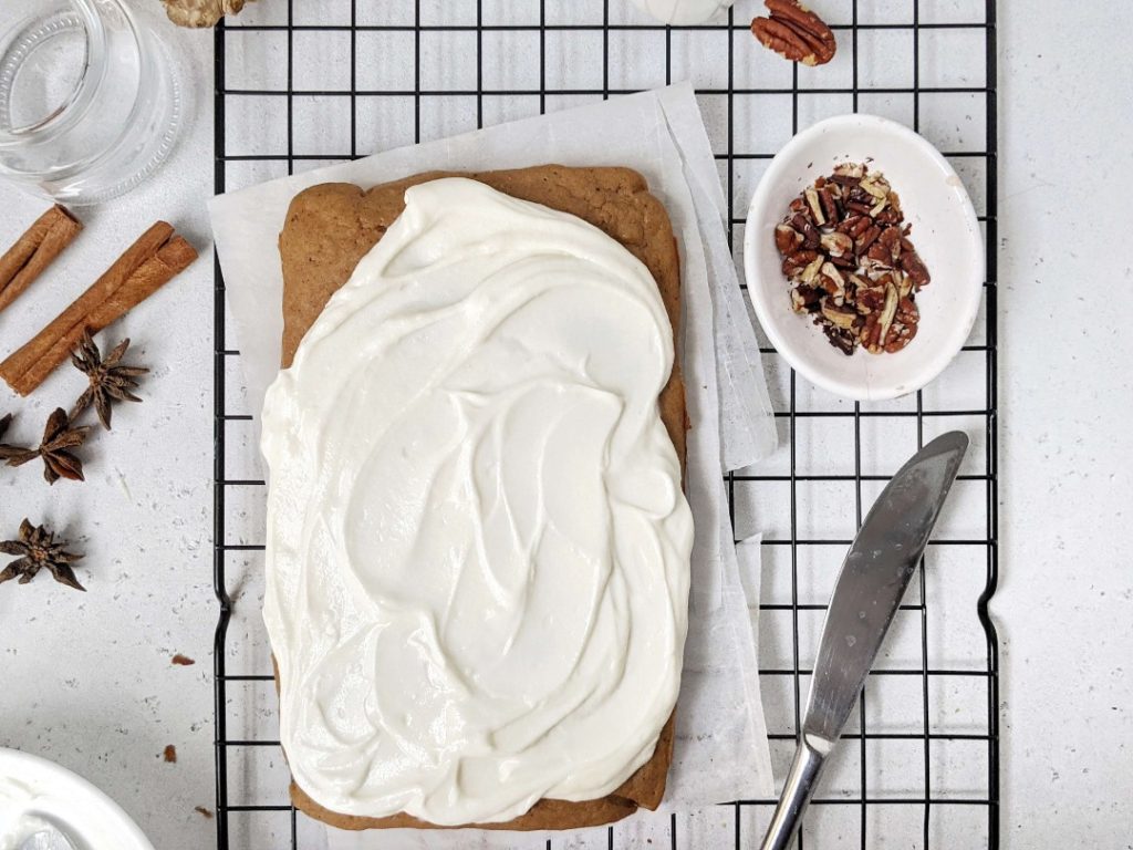 The perfect healthy High Protein Gingerbread Cake topped with a Protein Powder Greek Yogurt Frosting; A sugar free gingerbread cake recipe made with whole wheat flour, unflavored protein powder and no oil. A great healthy ginger dessert for snacking too.