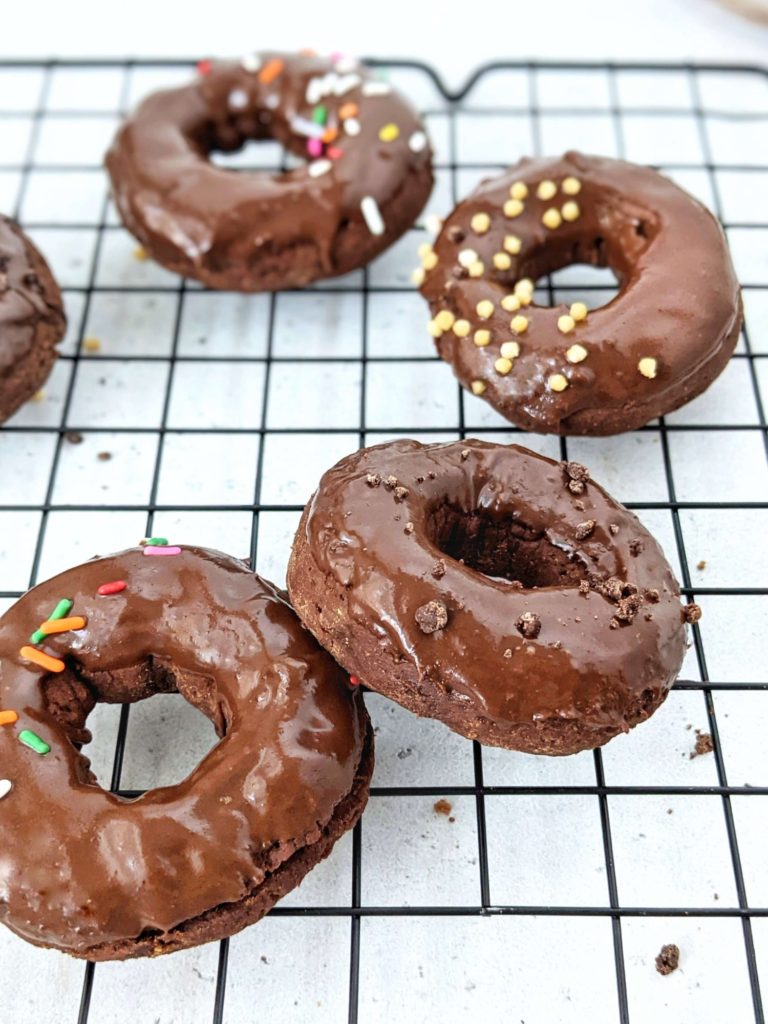 Super easy and healthy Air Fryer Chocolate Donuts made from scratch with no yeast! Soft, fluffy and chocolate glazed, these air fryer cake donuts are perfect for breakfast or dessert. Sugar free, gluten free and Vegan too! 