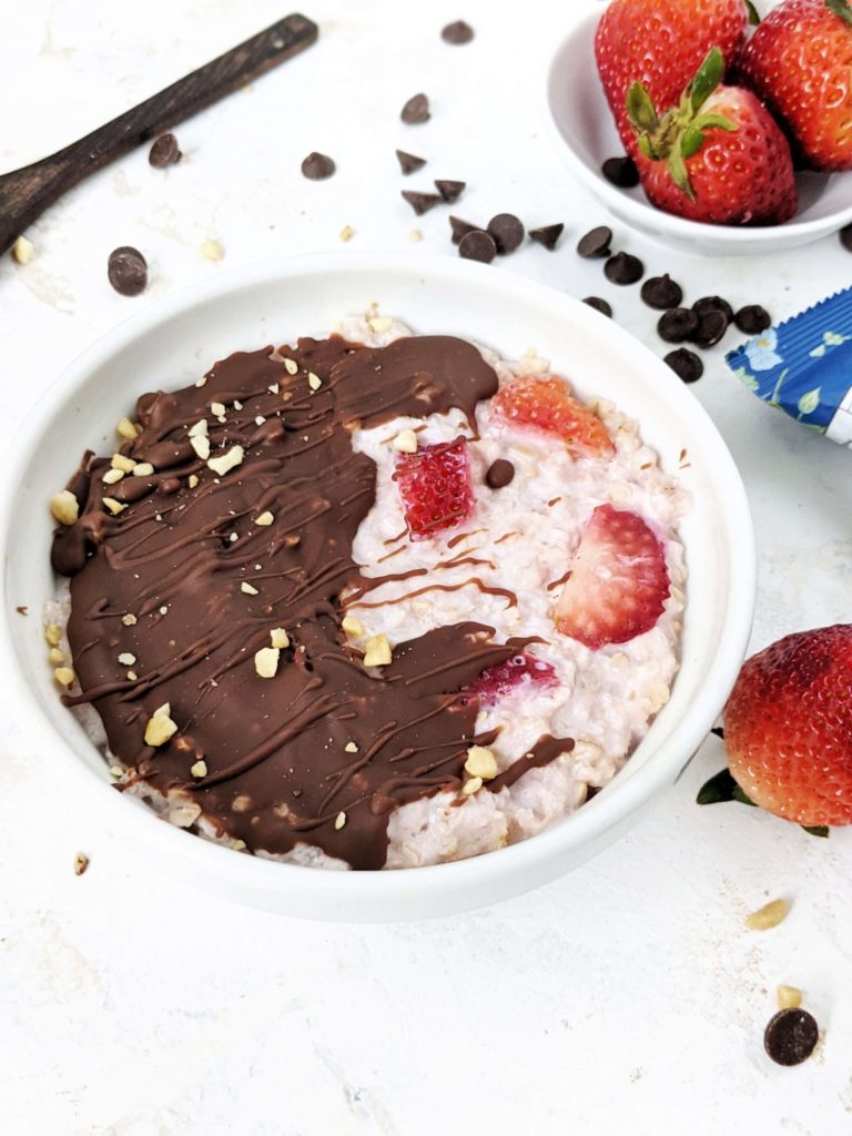 The perfect Chocolate Covered Strawberry Protein Overnight Oats made with strawberry flavored protein powder and coated in a chocolate shell. This protein chocolate strawberry overnight oats has a no yogurt, Vegan and Gluten free breakfast option too!