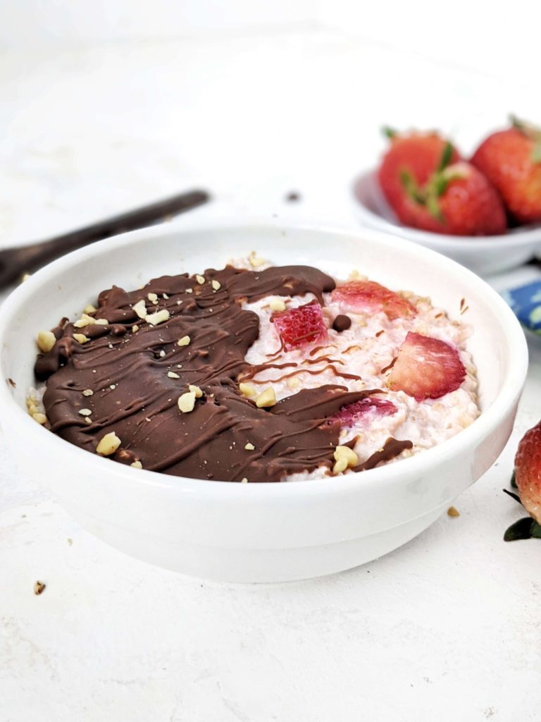 The perfect Chocolate Covered Strawberry Protein Overnight Oats made with strawberry flavored protein powder and coated in a chocolate shell. This protein chocolate strawberry overnight oats has a no yogurt, Vegan and Gluten free breakfast option too!