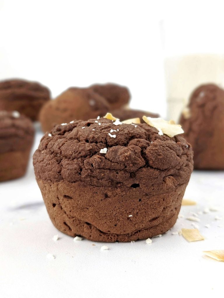 The most amazing Keto Chocolate Protein Muffins made with coconut flour and sweetened with protein powder. With 2.7g net carbs, these easy chocolate protein powder muffins are the perfect low carb high protein muffin recipe!