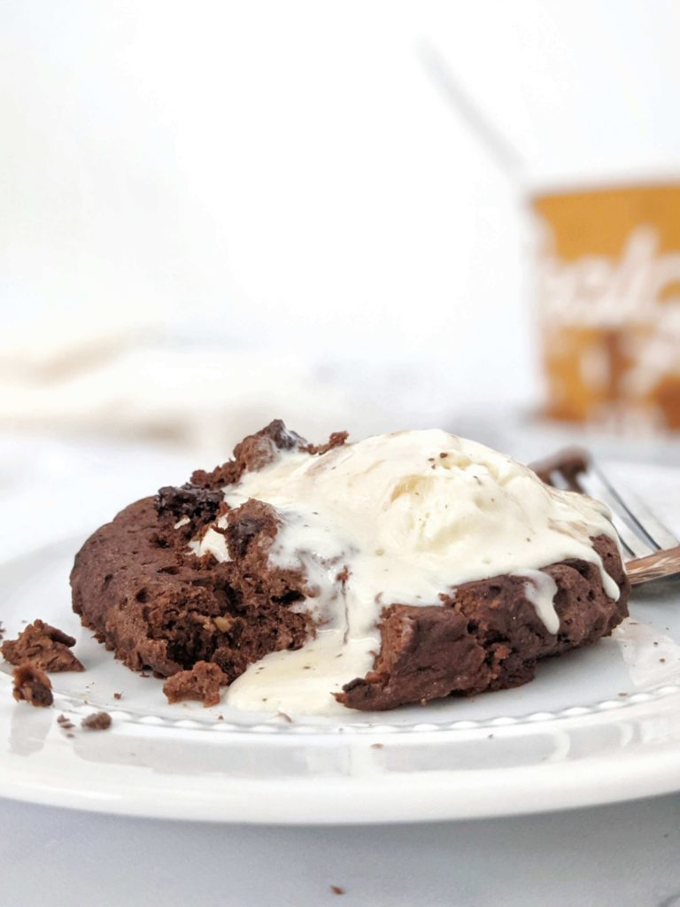 An amazing Single Serve Protein Brownie baked in the oven for the real fudgy effect. This healthy brownie for one is sweetened with protein powder and packed with Greek yogurt for the perfect single serving high protein brownie! No sugar, eggs or oil needed.