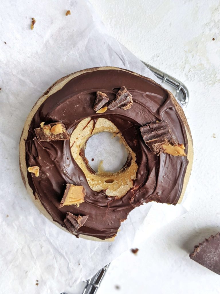 Spot-on Peanut Butter Cup Protein Donuts with chocolate and peanut butter protein donut layers glazed with chocolate. These Reese’s protein donuts are low fat, low calorie and sugar free too!